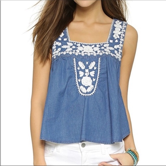 Lovers + Friends Chambray Blue Dream Catcher Embroidered Tank Top Size Small - Picture 1 of 10